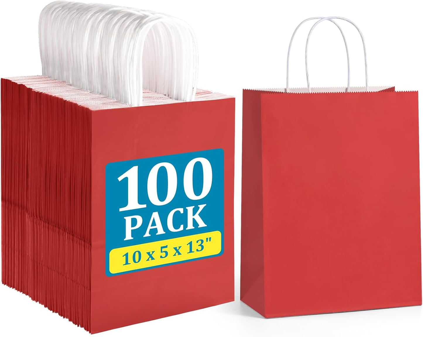 BagDream Red Gift Bags 10x5x13 Inch 100Pcs Large Kraft Paper Bags Bulk for Christmas, Wedding, Party Favors, Business, Retail, Grocery Paper Sacks with Handles