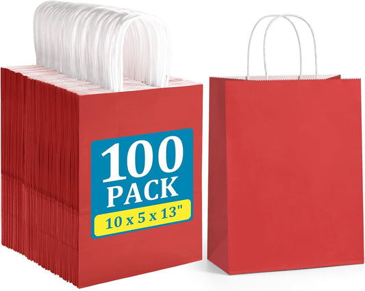 BagDream Red Gift Bags 10x5x13 Inch 100Pcs Large Kraft Paper Bags Bulk for Christmas, Wedding, Party Favors, Business, Retail, Grocery Paper Sacks with Handles