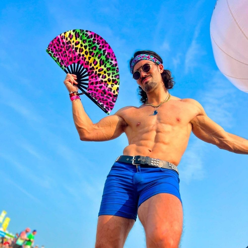 Kandies World UV Reactive Custom Festival Folding Hand Fan - Unique Designs, Made of Bamboo, Clacking Sound, Lightweight - Perfect Rave and Festival Accessory!