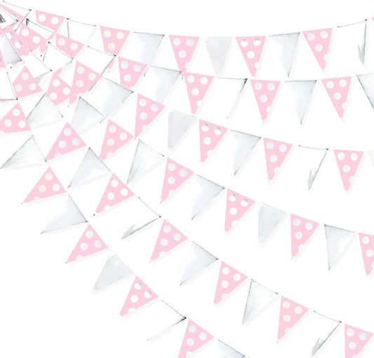 30 Ft Silver Pink Polka Dot Pennant Banner Blush Paper Circle Dot Triangle Flags Bunting Garland for Baby Shower Bridal Shower Wedding Bachelorette Christmas Holiday Girls Birthday Party Decorations