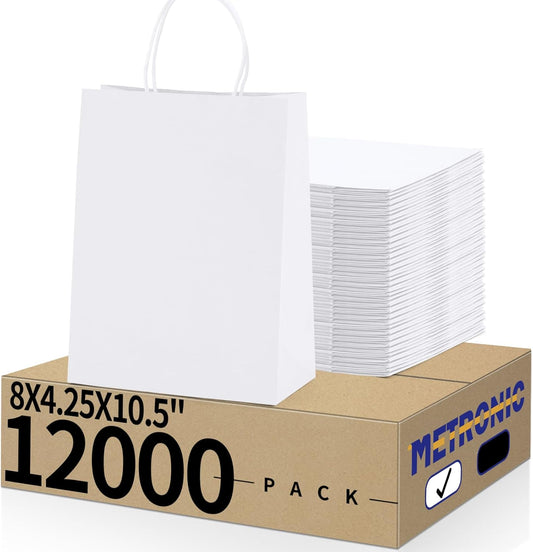 METRONIC Kraft Paper Gift Bags with Handles 8x4.75x10.5 Inch 12000 Pack | Christmas, Birthday Party Favors, Retail Shopping, Small Business Bulk | White Gift Wrap Bag