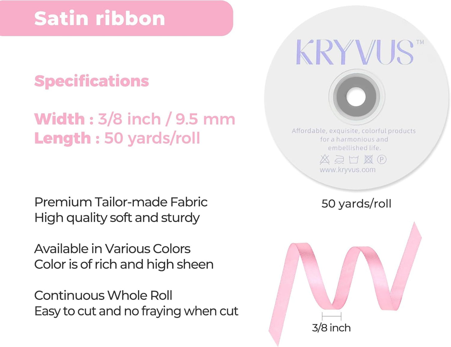 Rose Pink Satin Ribbon 3/8 inch X Continuous 50 Yards, Single Face Polyester Ribbon Perfect for Gift Wrapping, Flower Bouquet, Wedding Decor, Crafts, Bow Making, Sewing and More