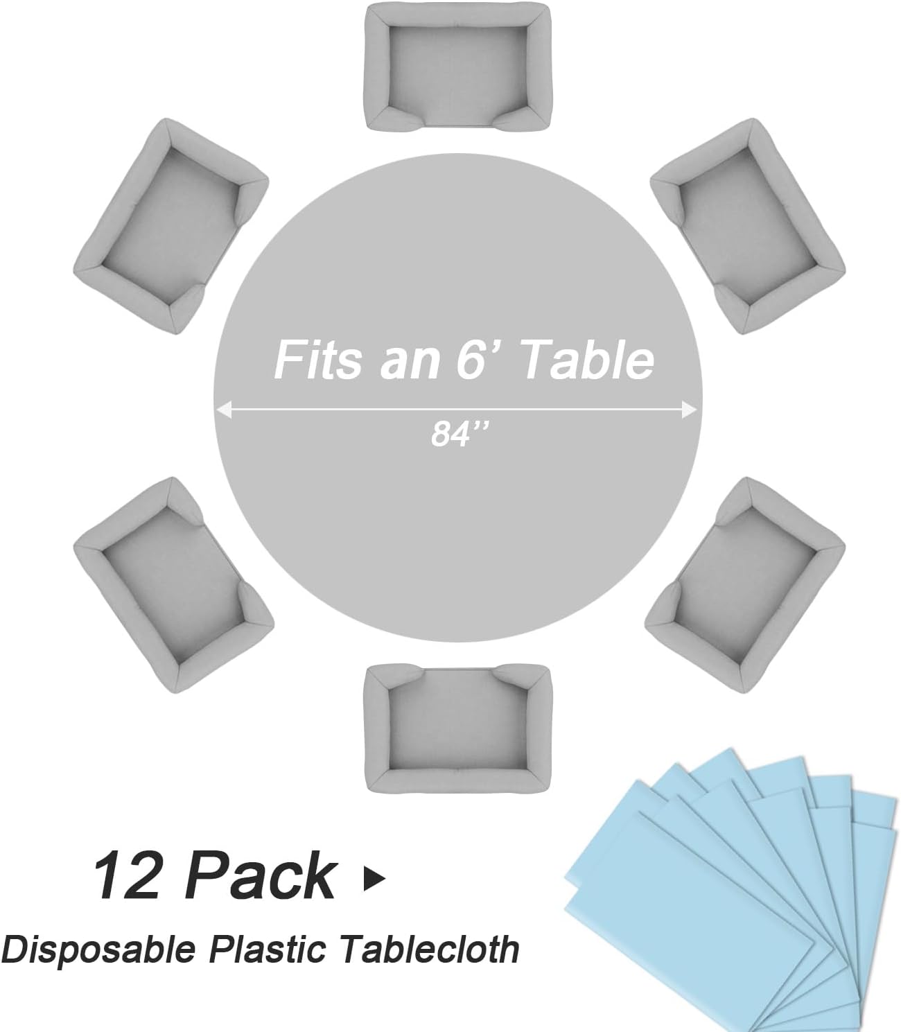 QIKSION Light Blue Round Tablecloth 12 Pack, 84 Inch Plastic Table Cover Disposable for Parties