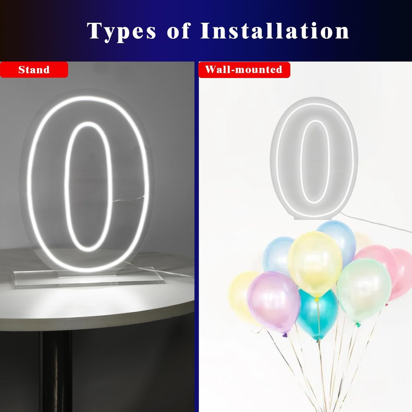 Number 0 Neon Sign Light, 16.54" Cool White USB Battery Powered Led Neon Sign for Party Wedding Anniversary Decor Light Sign (Number 0)