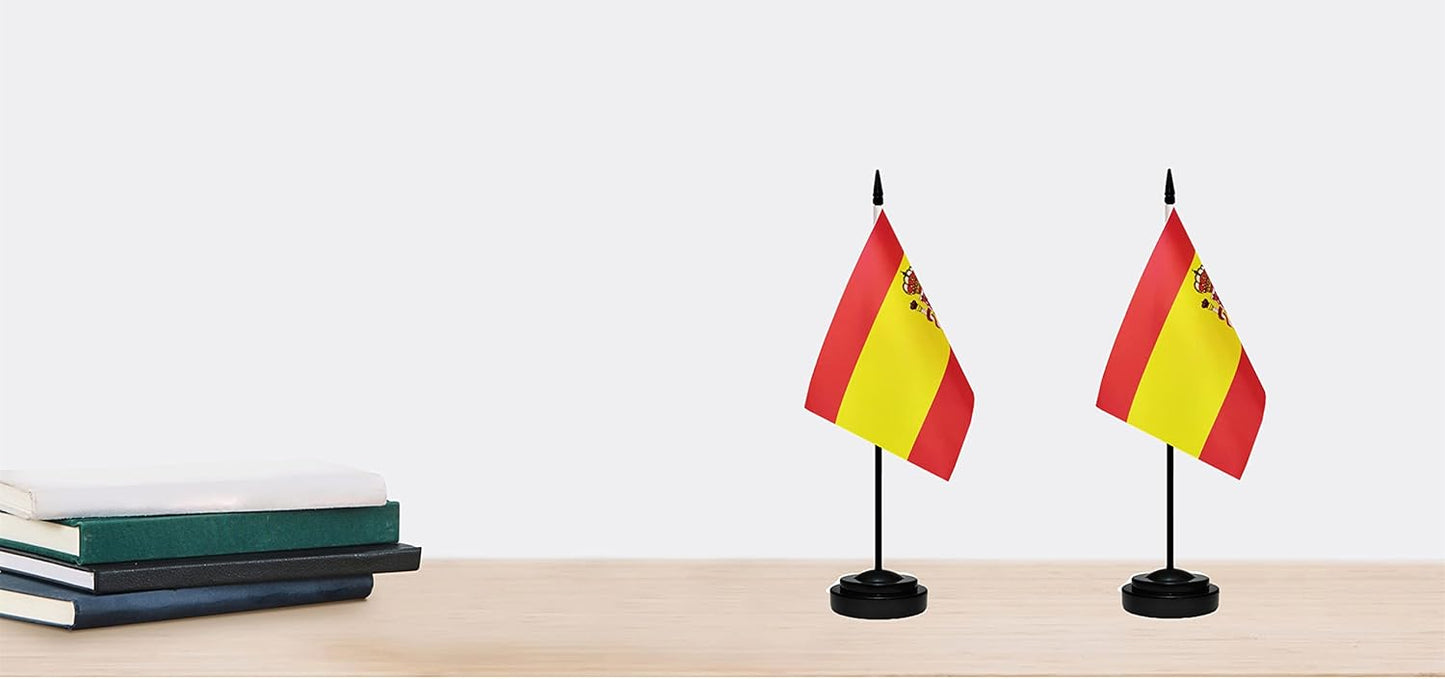 Spain Spanish Deluxe Desk Flag Set, Small Mini Miniature Spain Spanish Table Desktop Flags With Solid Pole, Black Base and Spear Top(2 Pack)