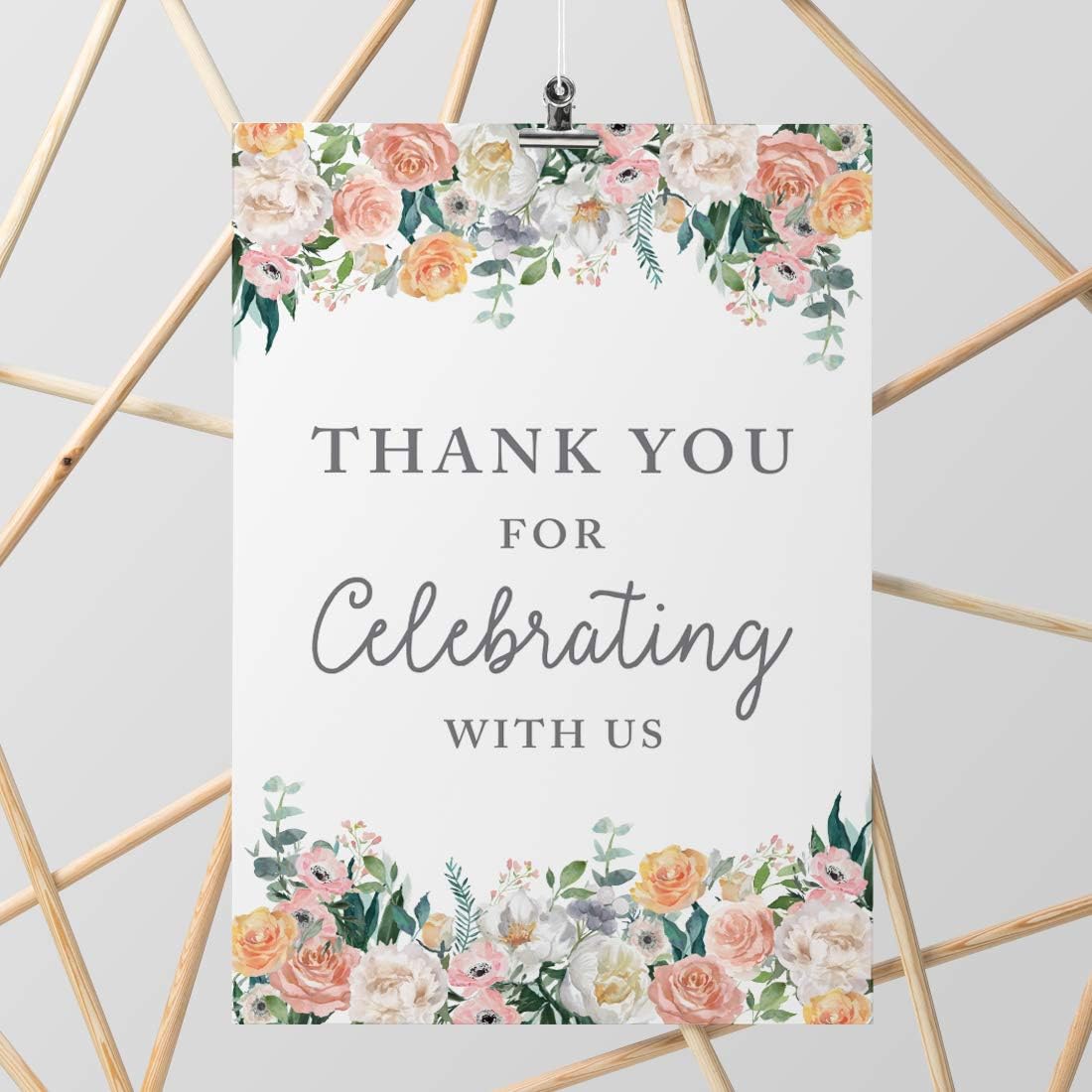 Andaz Press Extra Large Wedding Easel Board Party Sign, 12x18-inch, Peach Coral Floral Flowers Roses on White, Thank You for Celebrating With Us, 1-Pack