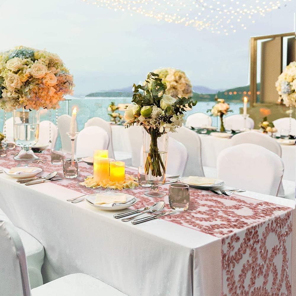 Sequin Table Runners 2 Pieces Rose Gold Flower Table Runners 12x72 Inch Glitter Dining Table Cover for Party Wedding Birthday Reception Banquet Decoration Spring Party Chair Sashes