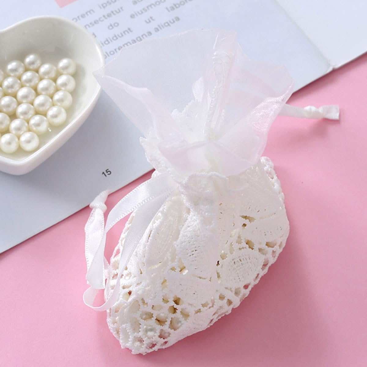 Ewanda store 8Pcs Lace Organza Drawstring Bags White Leaf Cotton Drawstring Bag for Wedding Christmas Birthday Party Favors Jewelry Pouches