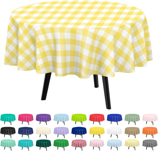 QIKSION Yellow Gingham Round Tablecloth 12 Pack, 84 Inch Plastic Checkered Table Cover Disposable for Parties