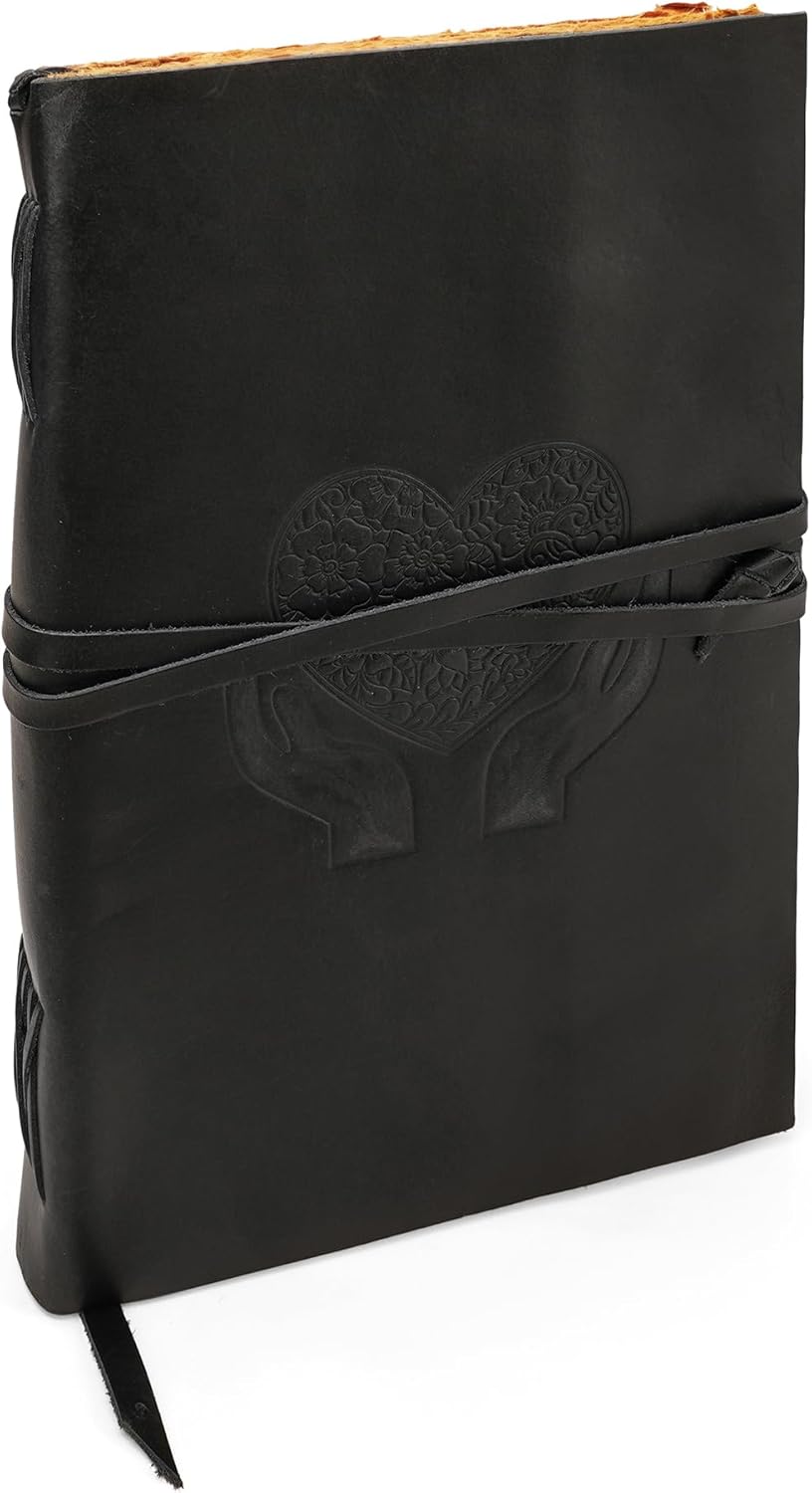 LUXEORIA Heart Journal for Women and Men, Handcrafted Leather Journal for Writing Womens, Sketchbook, Travel Diary with Unlined Deckle Paper, Black 8x13