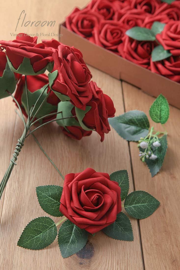 Floroom Artificial Flowers 25pcs Real Looking Dark Red Foam Fake Roses with Stems for DIY Wedding Bouquets Bridal Shower Centerpieces Party Decorations