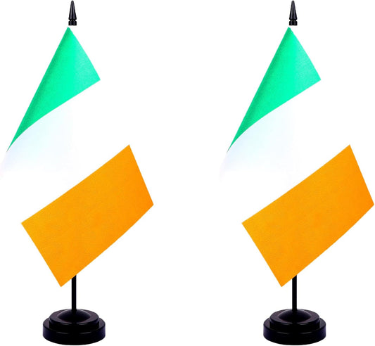 Ireland Desk Flag 12" Solid Pole Deluxe Set Irish Flags Banner Mini Small Ireland Office Table Flags with Black Stand Base Desktop Decorations(2Pack)