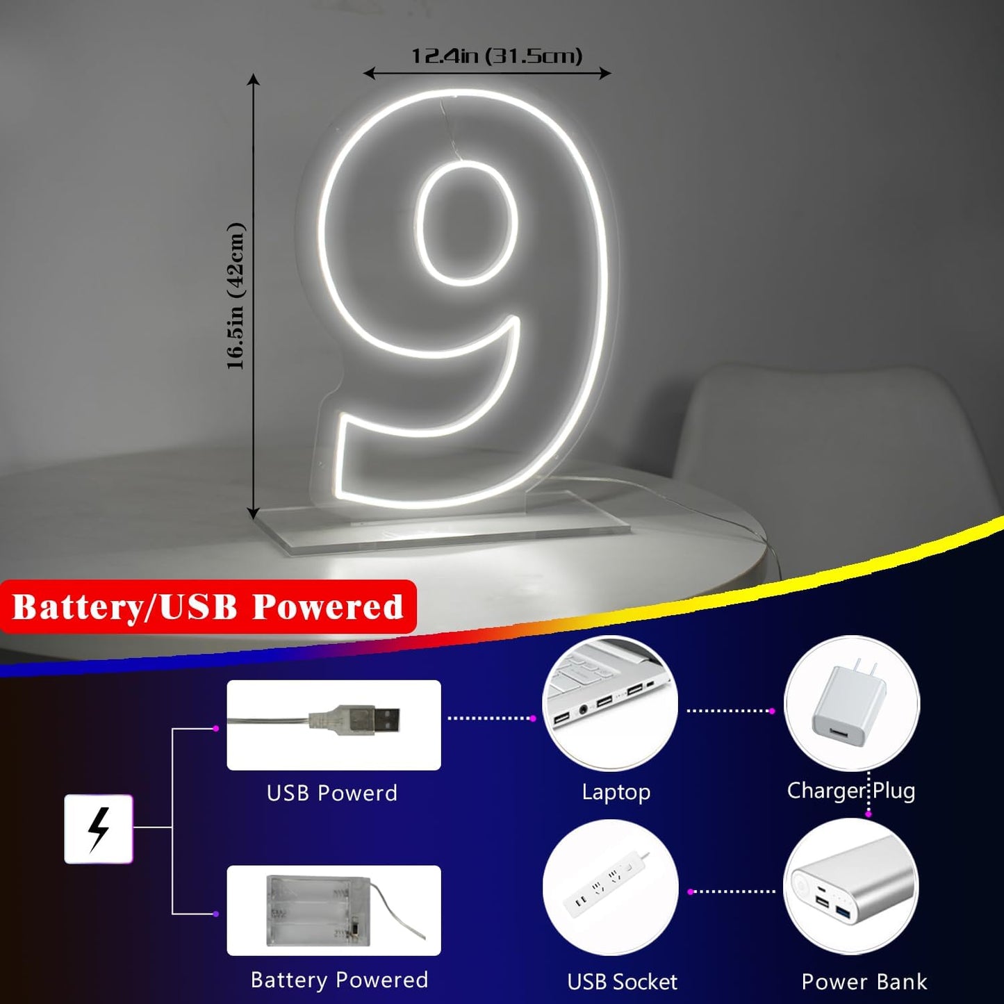 Number 9 Neon Sign for First Birthday, 16.54" Cool White USB Battery Powered Led Neon Sign for Party Wedding Anniversary Decor Light Sign (Number 9)