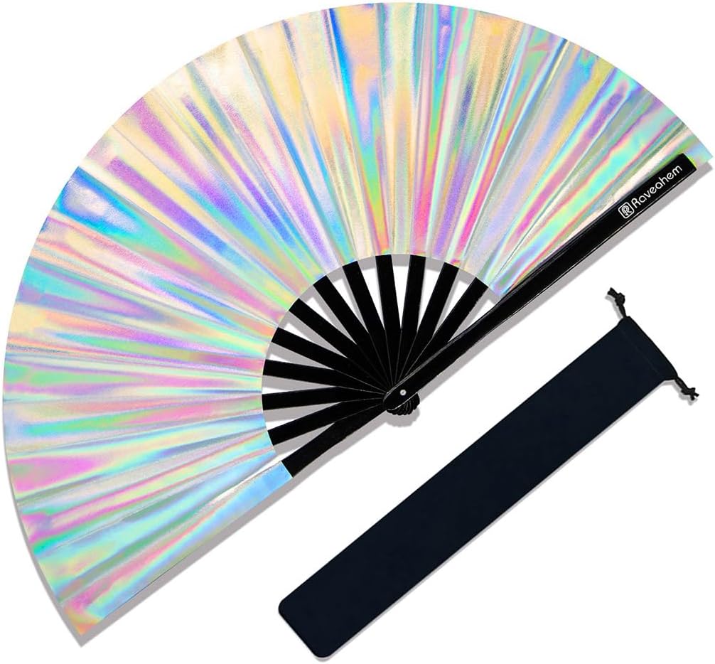 Large Rave Fan, Clack Folding Hand Fan with Premium Fabric, Thick Bamboo Frame for Men Women Gift for EDM, Festival, Club, Party, Dance, Decoration (Holographic Silver, 13")
