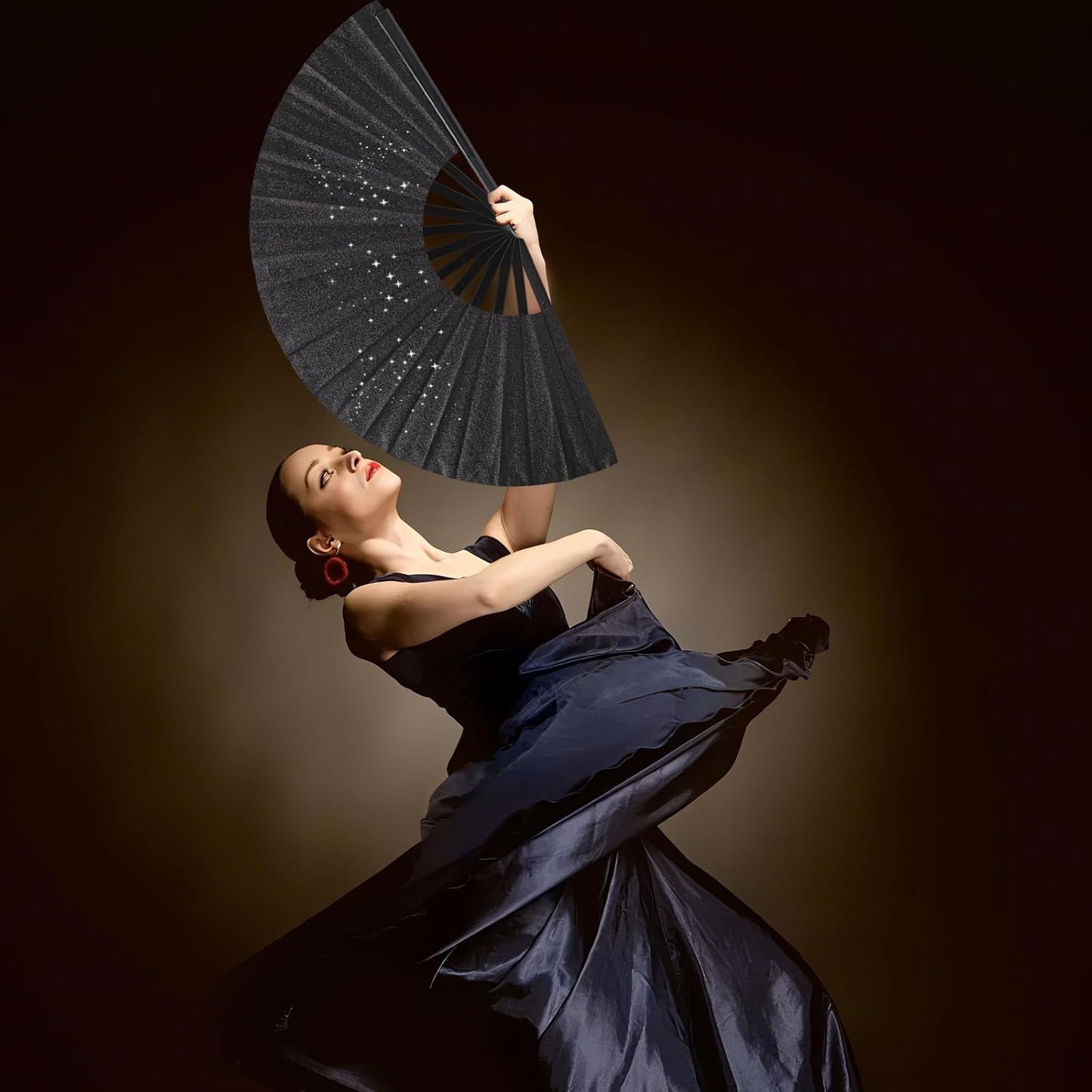 Glitter bling Large Folding Fan-Hand Fan Rave Clack Popping Fan for Line Dancing Clacking Fans for Boots On The Ground Dance, Party for EDM, Music Festival, Hot Flashes, Party, Decoration(2pcs black)