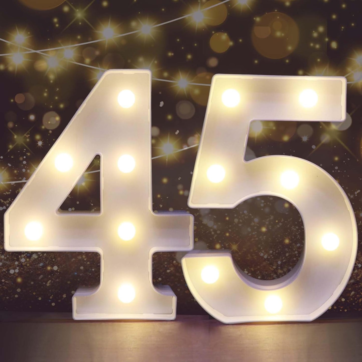 Pooqla Decorative LED Light Up Number Letters, White Plastic Marquee Number Lights Sign for 45th Birthday Party Wedding Decor, Battery Operated (45)