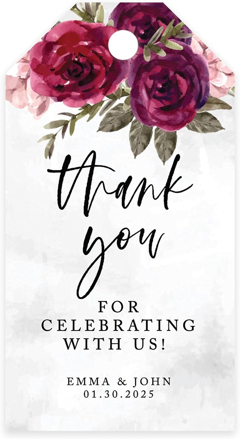 Andaz Press 100-Pack Personalized Thank You for Celebrating with Us Wedding Favor Tags with Bakers Twine Burgundy Florals Custom Cardstock Gift Tags for Wedding Party Favors 2 x 3.75-Inches