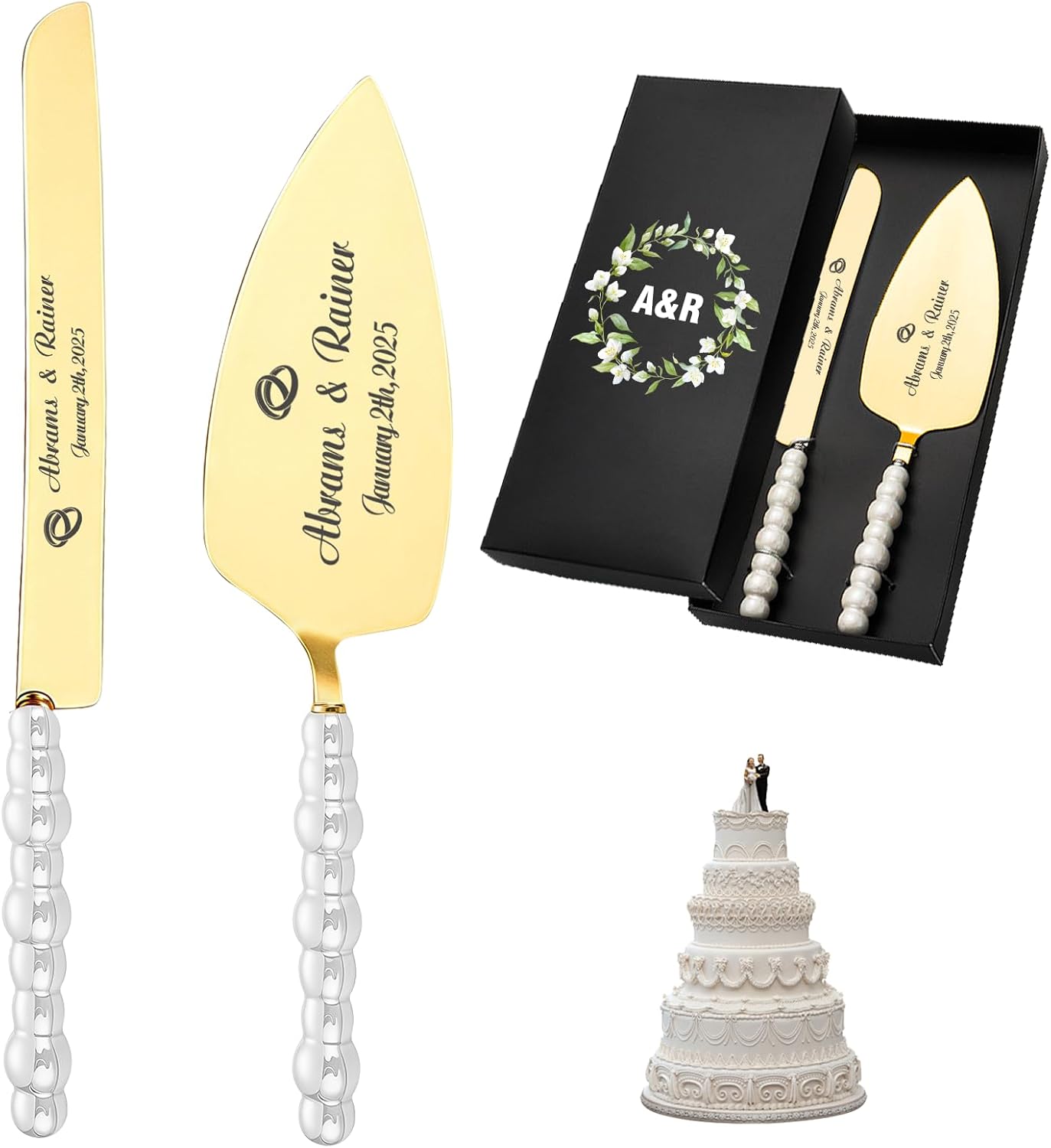 HJX Personalized Wedding Cake Knife and Server Set - Custom Name Engraved Cutting Set with Elegant Gift Box, Ideal for Bridal Wedding Anniversary Birthday Gifts (Pearl handle)