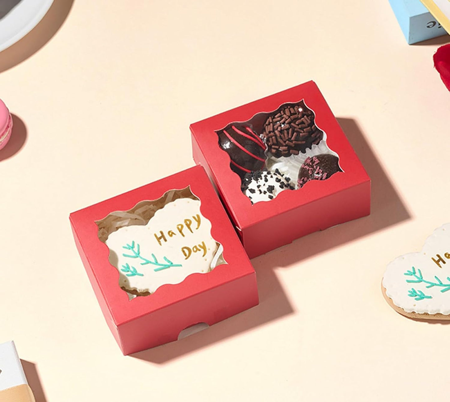 RomanticBaking 3 ¼" x 3 ¼" x 1 ½" 100PCS Chocolate Truffle Boxes for 4，Cookies Boxes Soap Boxes Donut Boxes Macaron Boxes Mini Bakery Boxes with Window Brownie Box