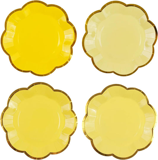 48Pcs Yellow Scalloped Party Plates - 7inch Gold Foil Gradient Yellow Dessert Paper Plate Disposable Cake Plates for Birthday Bridal Baby Shower Wedding Party Decorative Supplies