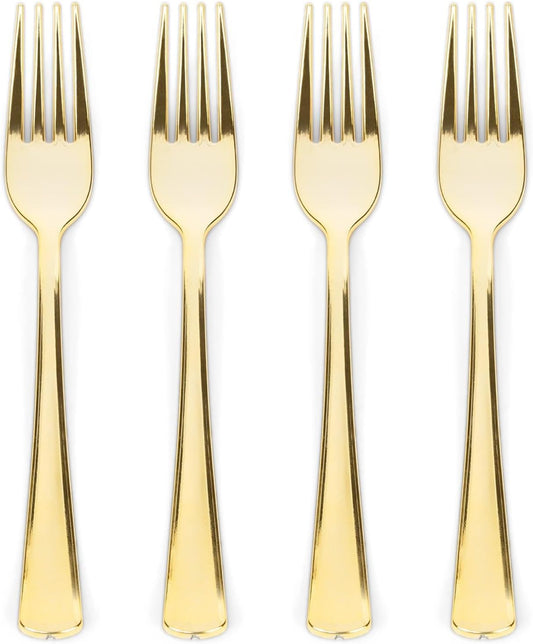 Prestee 100 Gold Plastic Forks - Heavy Duty Elegant Disposable Utensils - Fancy Plastic Silverware for Weddings and Holidays - Heavyweight 7 Inch Forks for Special Occasions