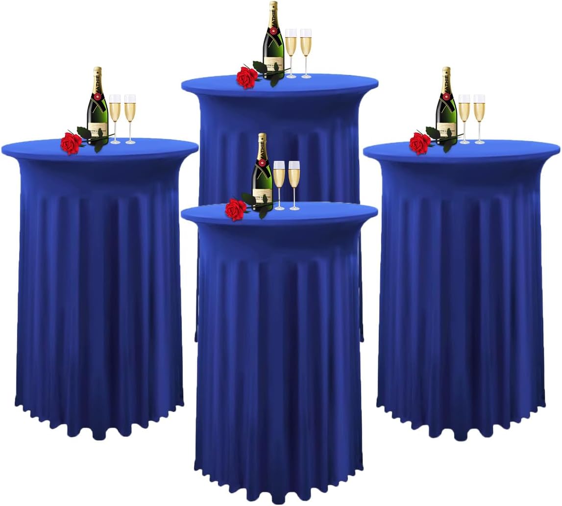 Albassa 4 Pack Cocktail Table Covers 32"x 43" Spandex Stretch Round Cocktail Tablecloths with Wavy Drapes Fitted High Top Bar Table Skirt for Wedding Party Banquet (Royal Blue, 4 PCS)