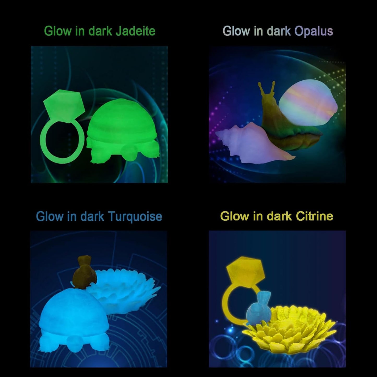 YOUSU 3D Printer Filament Bundle, Glow in The Dark Filament Multicolor, Green, Blue, Yellow and Rainbow PLA Filament 1.75 mm, Dimensional Accuracy +/- 0.03 mm, 250g X 4 Pack