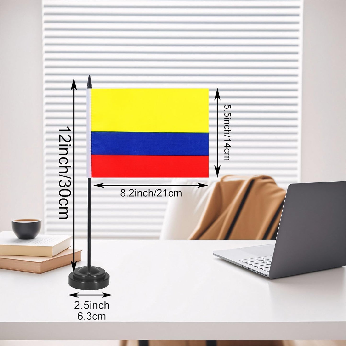 Colombian Desk Flag 12" Solid Pole Deluxe Set Colombiana Flags Banner Mini Small Colombian Office Table Flags with Black Stand Base Desktop Decorations(2Pack)
