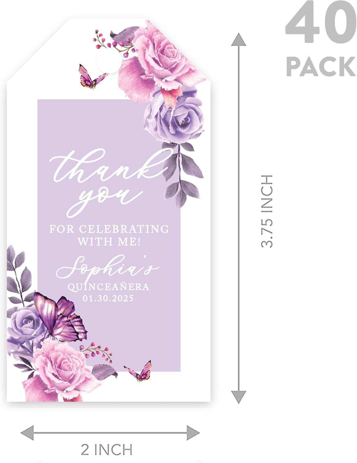 Andaz Press 40-Pack Personalized Quinceañera Favor Tags with String, Lilac Butterflies Custom Classic Thank You Gift Tags for Quince Años XV 15th Birthday Favor Gifts Quinceanera Decorations