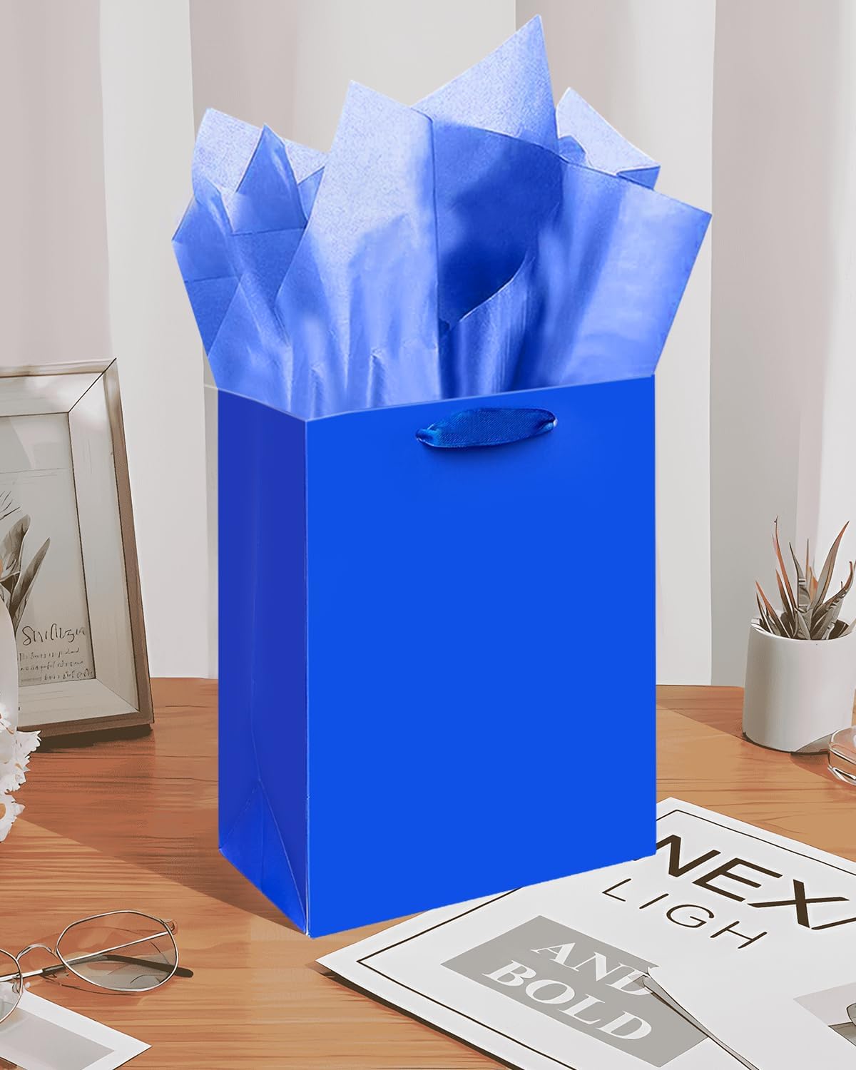 Gcardist Dark Blue Gift Bags with Tissue Paper for Wedding, Birthday, Party Supplies-7.9"x4.3"x9.6" Medium Size Cardboard Gift Bags（5pcs Bags +10pcs Tissue Paper ）