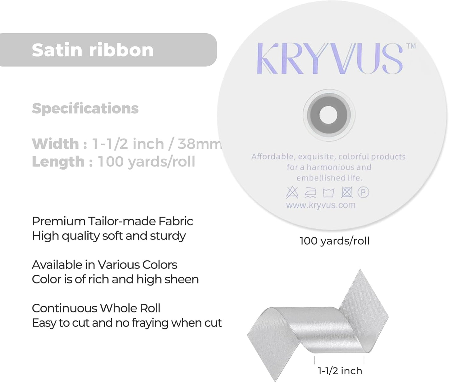 Silver Satin Ribbon 1-1/2 inch X Continuous 100 Yards, Single Face Polyester Ribbon Perfect for Gift Wrapping, Flower Bouquet, Wedding Decor, Crafts, Bow Making, Sewing and More