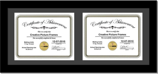 Creative Picture Frames 14X30Bk-B Black Horizontal Double Diploma Frame With 2 Opening Black Mat, Holds 2-11X14-Inch Documents With Wall Hanger