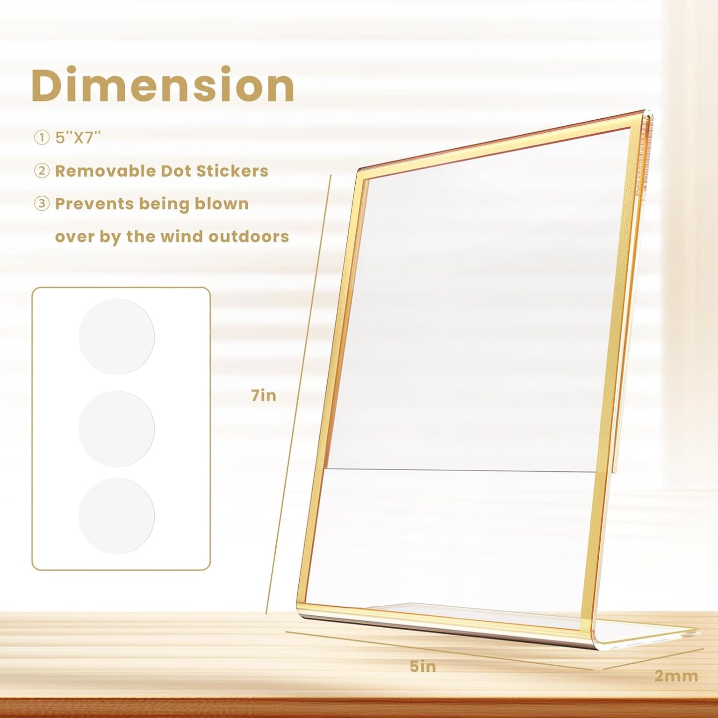 Acrylic Gold Frames 5 x7, Slanted Back Gold Picture Frames Table Acrylic Sign Holder for Photos Wedding Table Numbers and Art Display with Removable Clear Sticky Dots,3 Pack