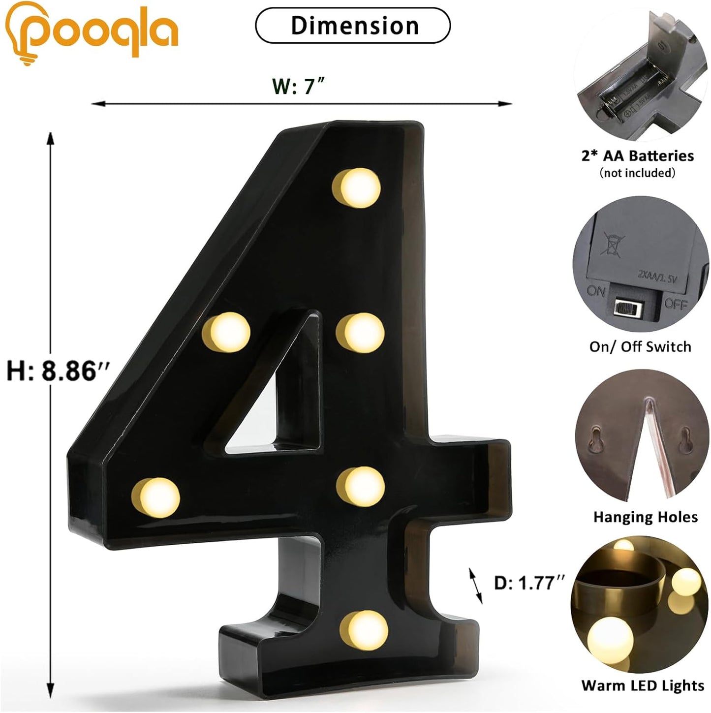 Pooqla Light Up Numbers, Lighted Marquee Number Sign for 4th Birthday Party Decor, Battery Powered LED Number Lights for Party Decor, Lights Sign for Wall Home Anniversary, Decoration 4