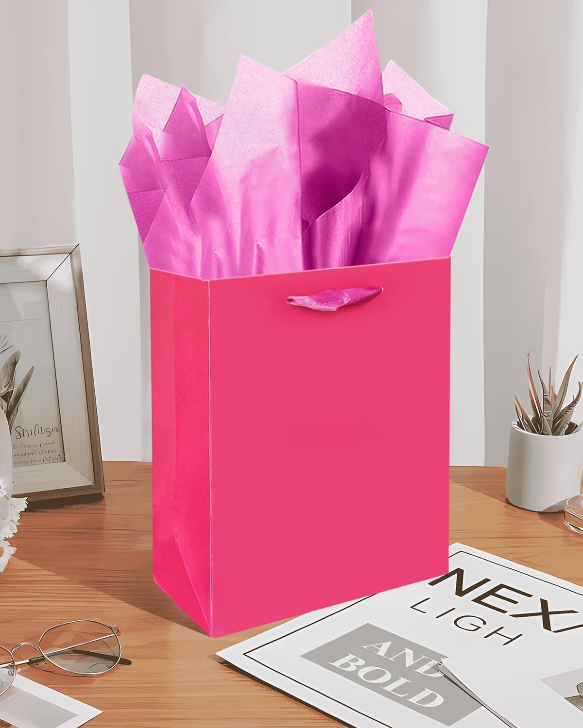 Gcardist Bright Pink Gift Bags with Tissue Paper for Wedding, Birthday, Party Supplies-7.9"x4.3"x9.6" Medium Size Cardboard Gift Bags（5pcs Bags +10pcs Tissue Paper ）