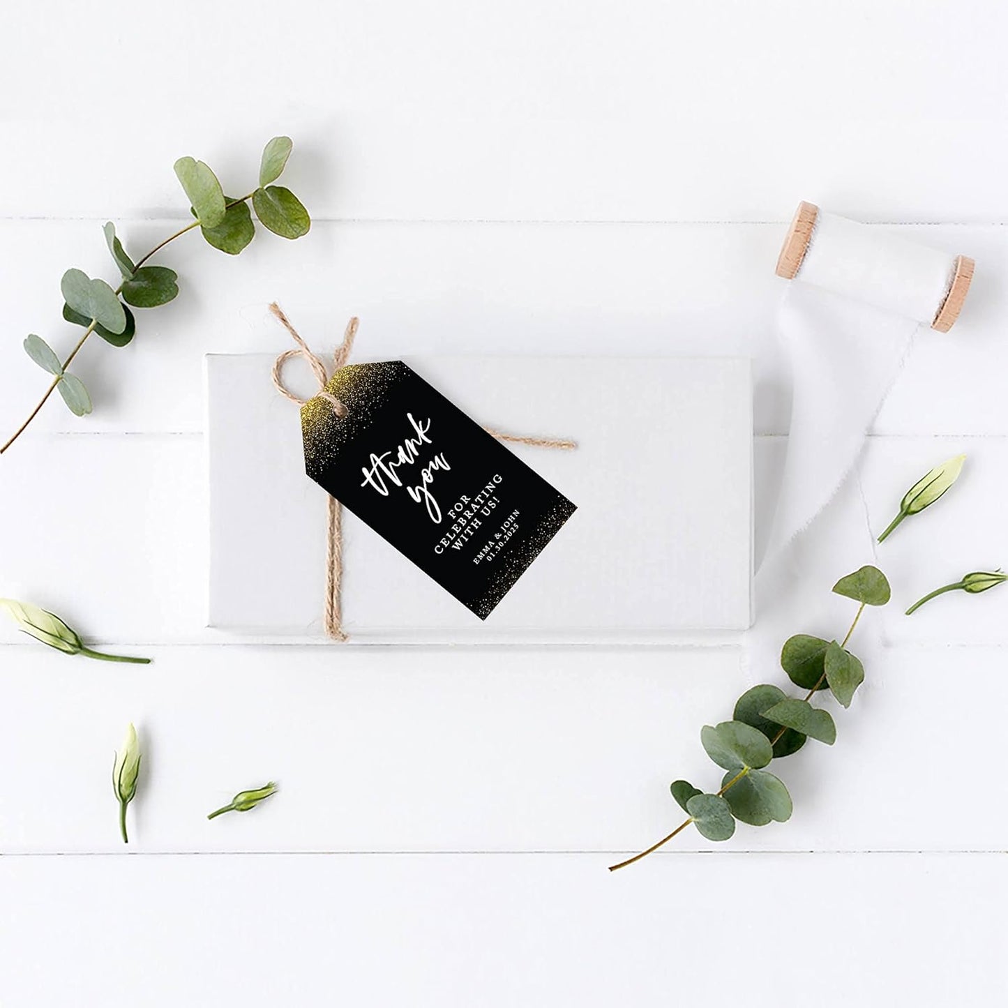 Andaz Press 100-Pack Personalized Thank You for Celebrating with Us Wedding Favor Tags with Bakers Twine Gold Glitter with Black Thank You Tags for Party Favors 2 X 3.75-Inches Custom Thank You Tags