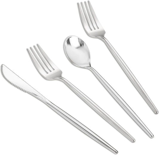 SUT 300Pcs Silver Plastic Cutlery, Silver Utensils Disposable, silver Plastic Silverware Set Include 100 Plastic Forks, 100 plastic Spoons, 100 plastic Knives Heavy Duty Flatware for Party