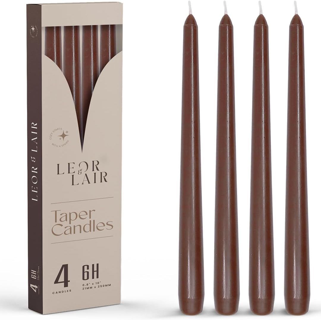 Leor & Lair Brown Taper Candles - 4 Pack 10" Brown Candlesticks - Unscented Long Burning Candle Sticks for Farmhouse Decor, Dinner Table, Holidays, Weddings, Restaurants & Events