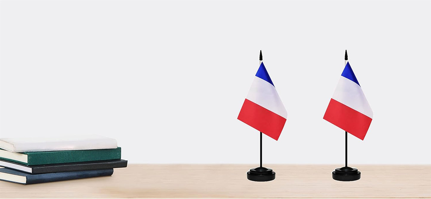 France French Deluxe Desk Flag Set, Small Mini Miniature France French Table Desktop Flags With Solid Pole, Black Base and Spear Top(2 Pack)