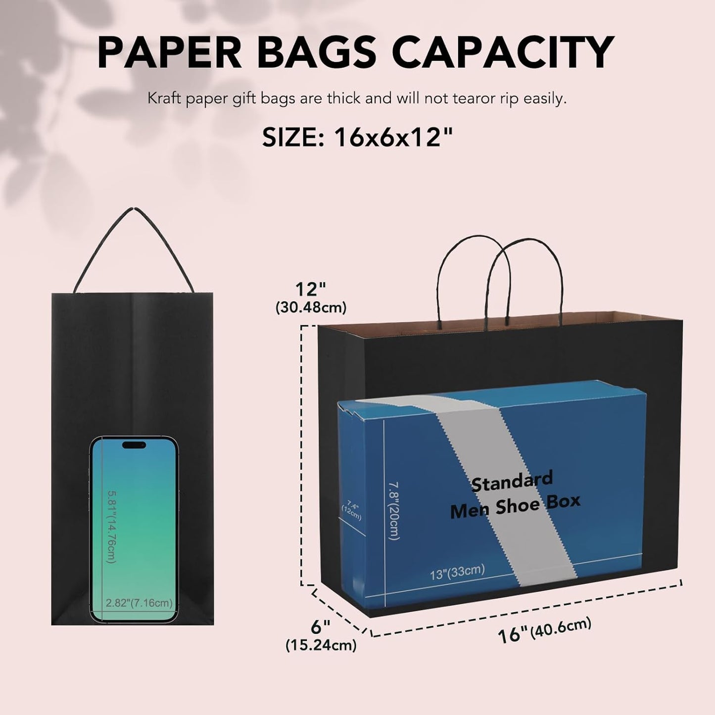 METRONIC 25 Pack Large Black Paper Gift Bags 16X6X12 Inches, Shopping Kraft Paper Bag with Handles, Small Business, Boutique, Gift Wrap, Bulk