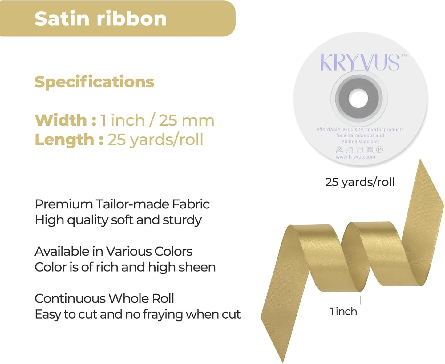 Light Gold Satin Ribbon 1 inch X Continuous 25 Yards, Single Face Polyester Ribbon Perfect for Gift Wrapping, Flower Bouquet, Wedding Decor, Crafts, Bow Making, Sewing and More