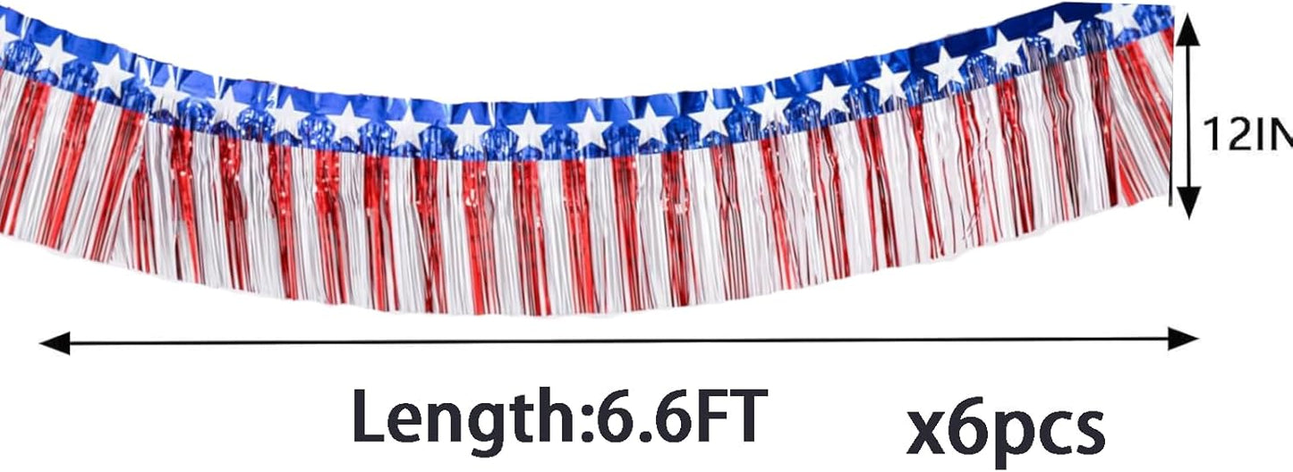 6 Pack 6.6 Feet Red Blue White Foil Fringe Garland Streamers，Red White Blue Star Metallic Hanging Backdrop Banner Table Skirts for 4th of July Decorations Memorial Day Patriotic Party Parade Floats