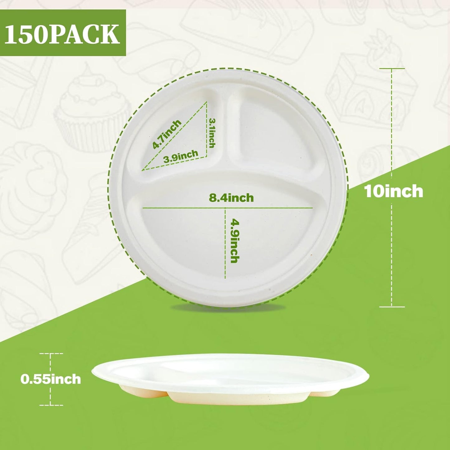 ECOLipak 150 Pack Compostable 3 Compartment Plates, 10 inch Heavy-Duty Disposable Biodegradable Sugarcane Bagasse Paper Plates for Party Dinner