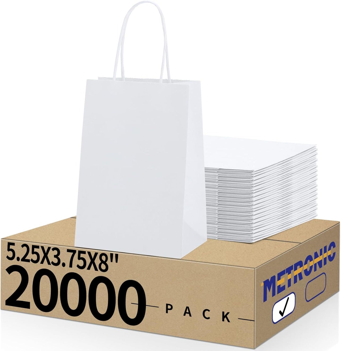 METRONIC Kraft Paper Gift Bags with Handles 5.25x3.75x8 Inch 20000 Pack | Christmas, Birthday Party Favors, Retail Shopping, Small Business Bulk | White Gift Wrap Bag