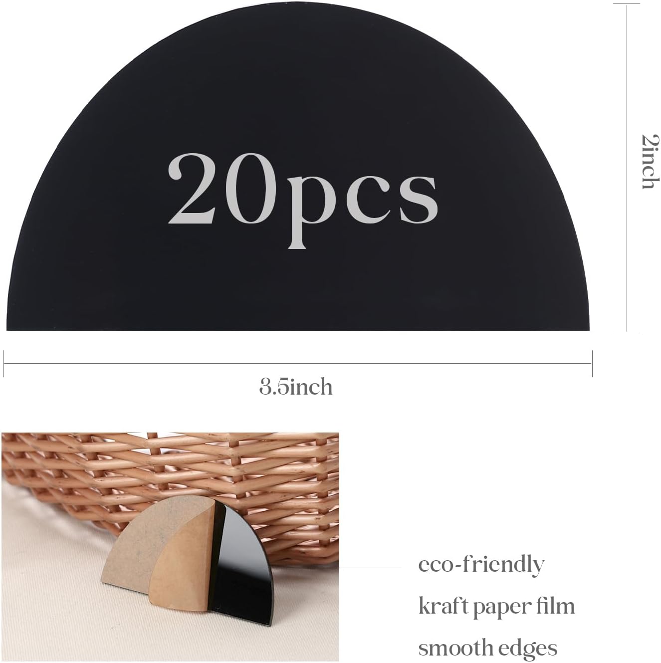 UNIQOOO 20 Pcs Black Semicircle Acrylic Place Cards, DIY Blank Half Circle Acrylic Sign, 1/8 inch Thick Perfect for Wedding Table Decor, Birthday, Centerpiece, Decoration, Party, Event,3.5x2 inches