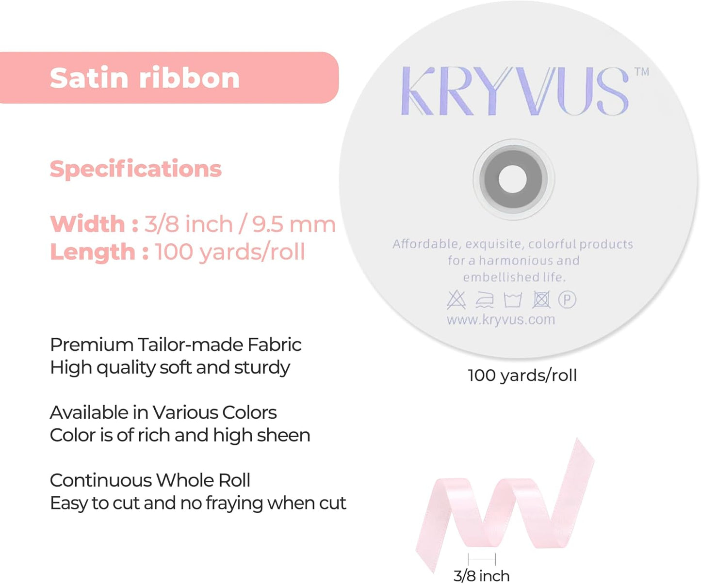 Baby Pink Satin Ribbon 3/8 inch X Continuous 100 Yards, Single Face Polyester Ribbon Perfect for Gift Wrapping, Flower Bouquet, Wedding Decor, Crafts, Bow Making, Sewing and More