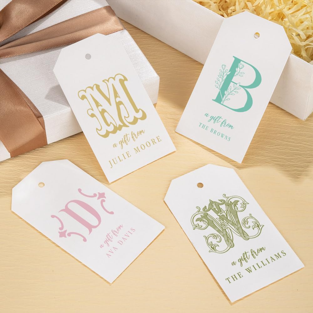 callie Personalized Monogrammed Gift Tags with String Attached, Custom Name White Paper Gift Tags for Wedding Favors, Birthday, Bridal Shower, 24PCS