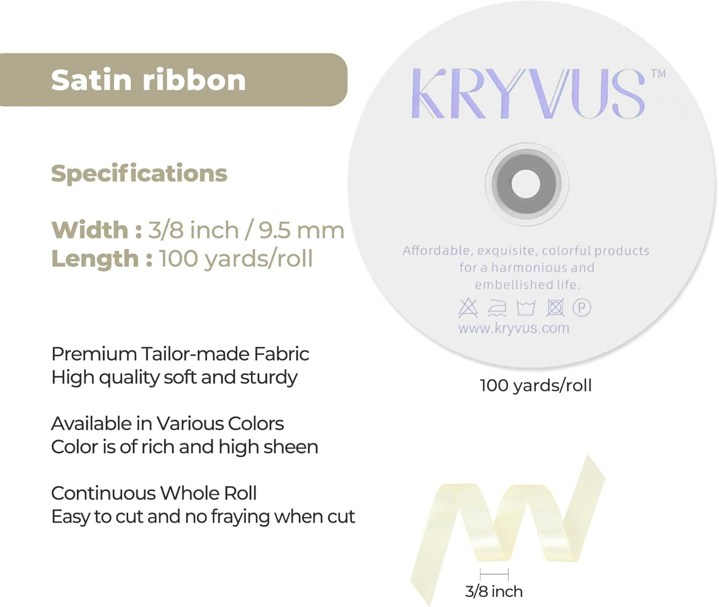 Beige Satin Ribbon 3/8 inch X Continuous 100 Yards, Single Face Polyester Ribbon Perfect for Gift Wrapping, Flower Bouquet, Wedding Decor, Crafts, Bow Making, Sewing and More