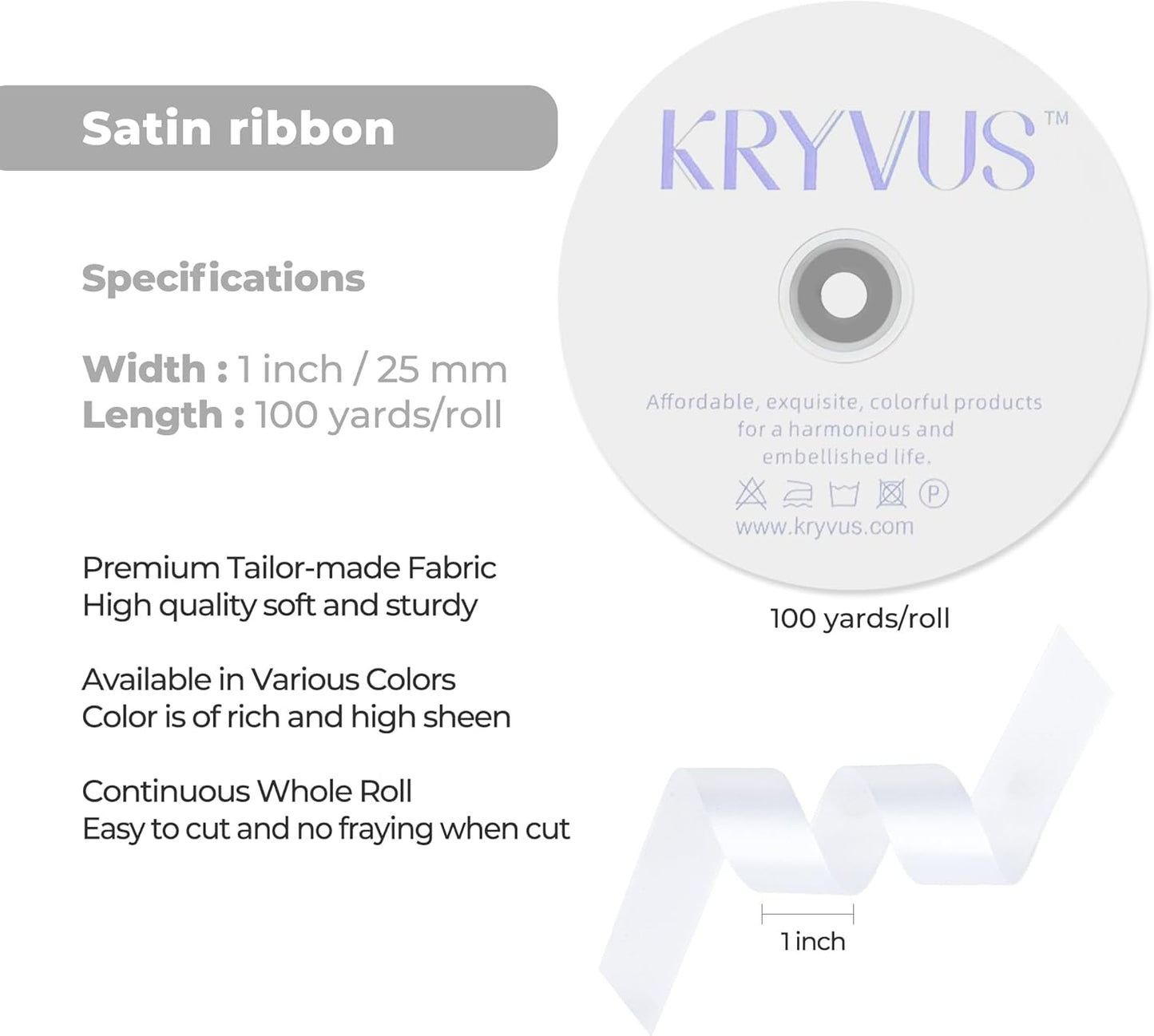 White Satin Ribbon 1 inch X Continuous 100 Yards, Single Face Polyester Ribbon Perfect for Gift Wrapping, Flower Bouquet, Wedding Decor, Crafts, Bow Making, Sewing and More