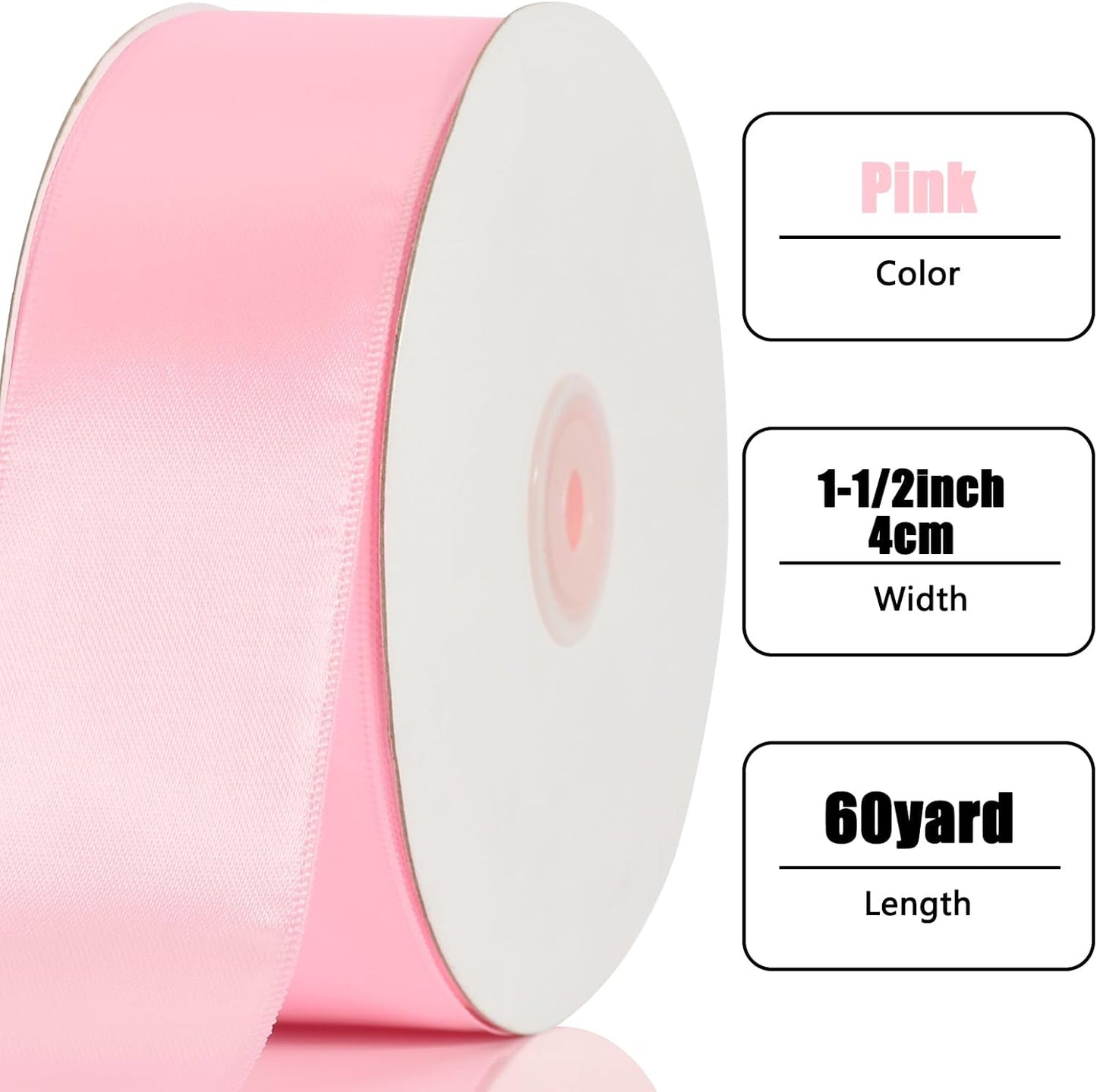 NESCCI 60 Yards Ribbon,1-1/2 Inch Pink Satin Ribbon,Single Face Satin Ribbons, Perfect for Gift Wrapping,Wedding Decoration,Handmade Bows, Wrapping Bouquet and More